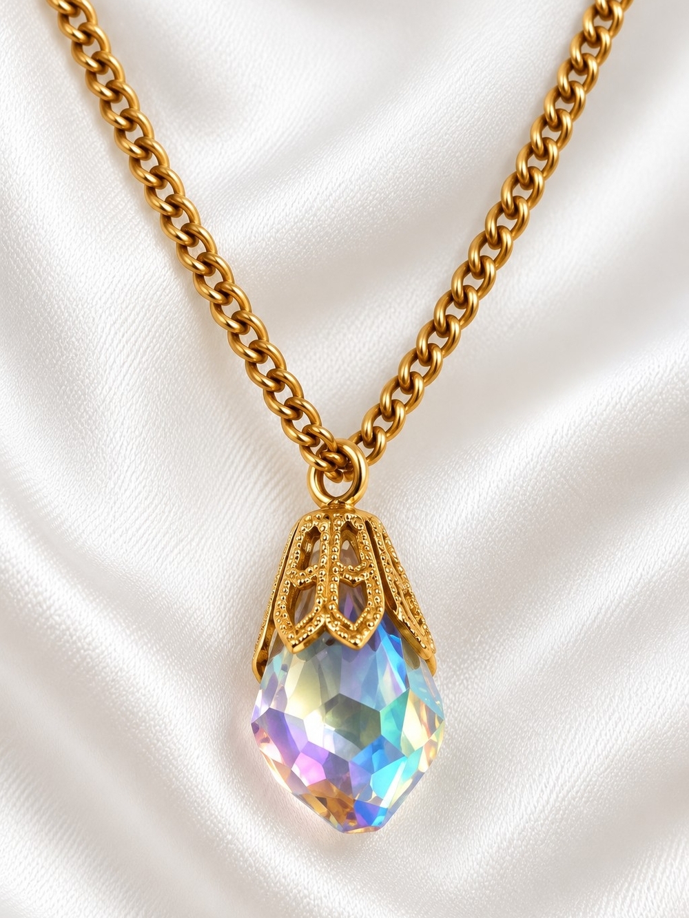 Vintage Mid Century Aurora Borealis Crystal Teardrop Pendant Necklace